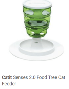 green and white cat food puzzle feeder tower